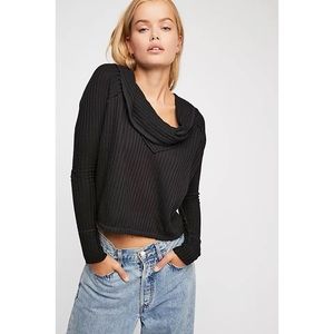 Free People We The Free Black Waffle Knit Cowl Neck Thermal